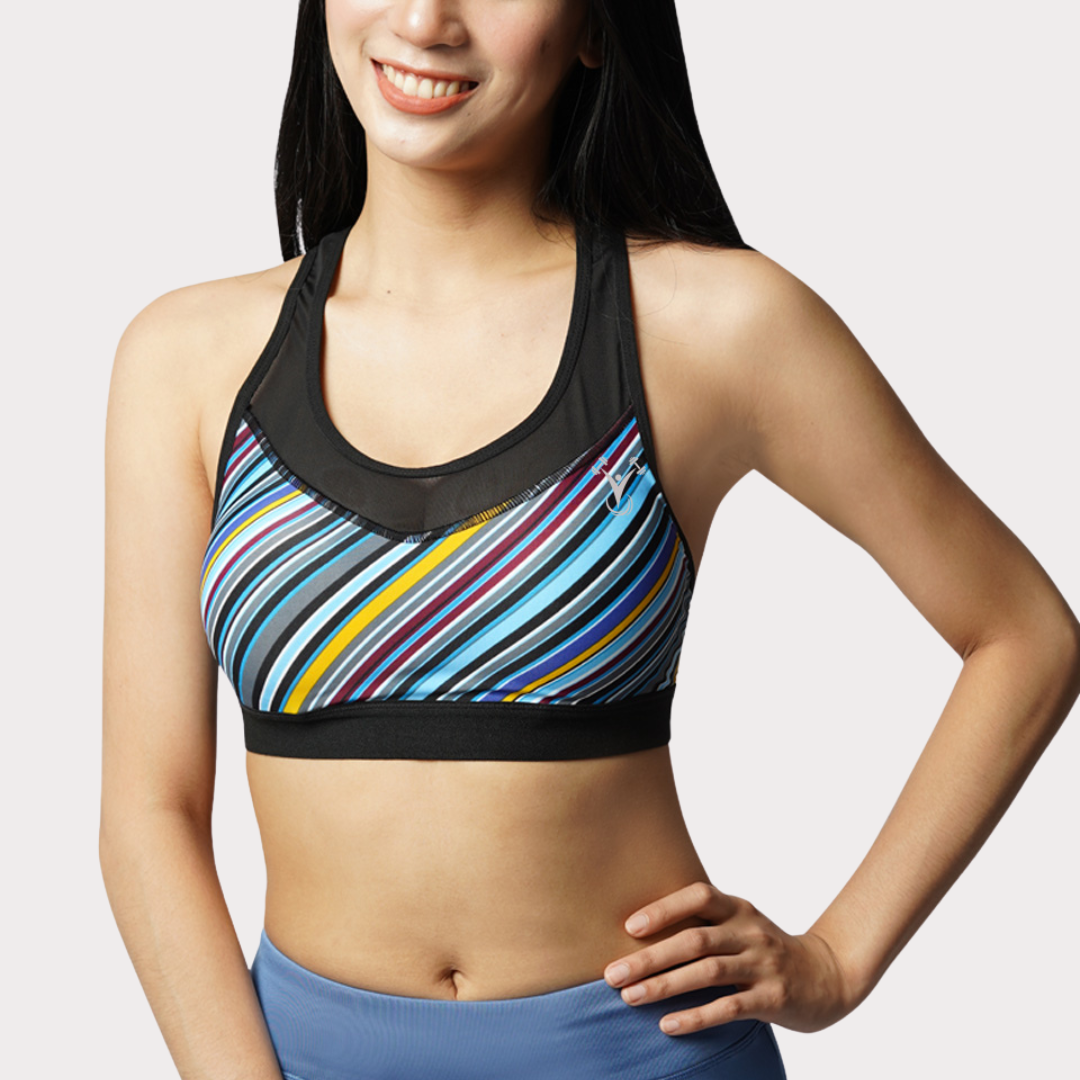 Sports Bra Activewear / Sportswear - Women's Medium Support Power Mesh Racerback Bra - S / Blue Stripes - Outperformer