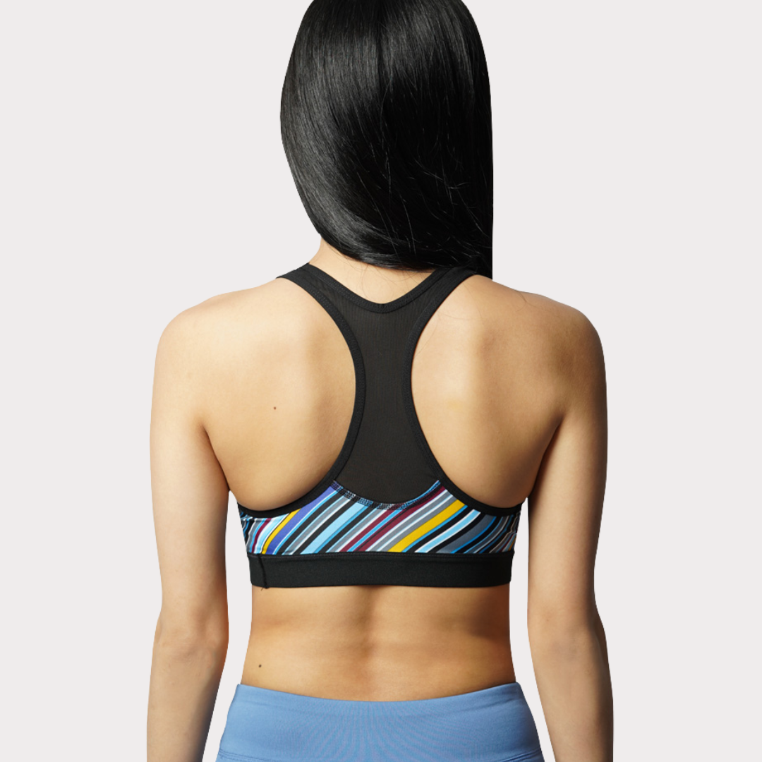 Sports Bra Activewear / Sportswear - Women's Medium Support Power Mesh Racerback Bra - S / Blue Stripes - Outperformer